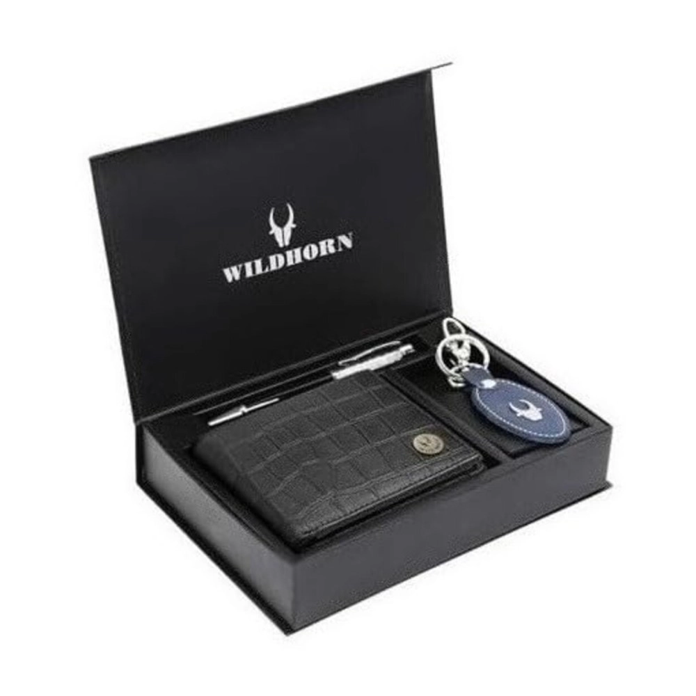 WildHorn Gift Hamper for Men I Leather Wallet, Keychain & Pen Combo Gift Set I Gift for Friend, Boyfriend,Husband,Father, Son etc (Black Croco Print)