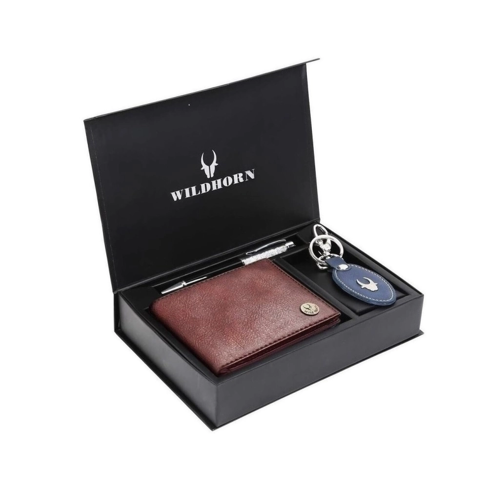 WildHorn Gift Hamper for Men I Leather Wallet, Keychain & Pen Combo Gift Set I Gift for Friend, Boyfriend,Husband,Father, Son etc (Brown Crackle)