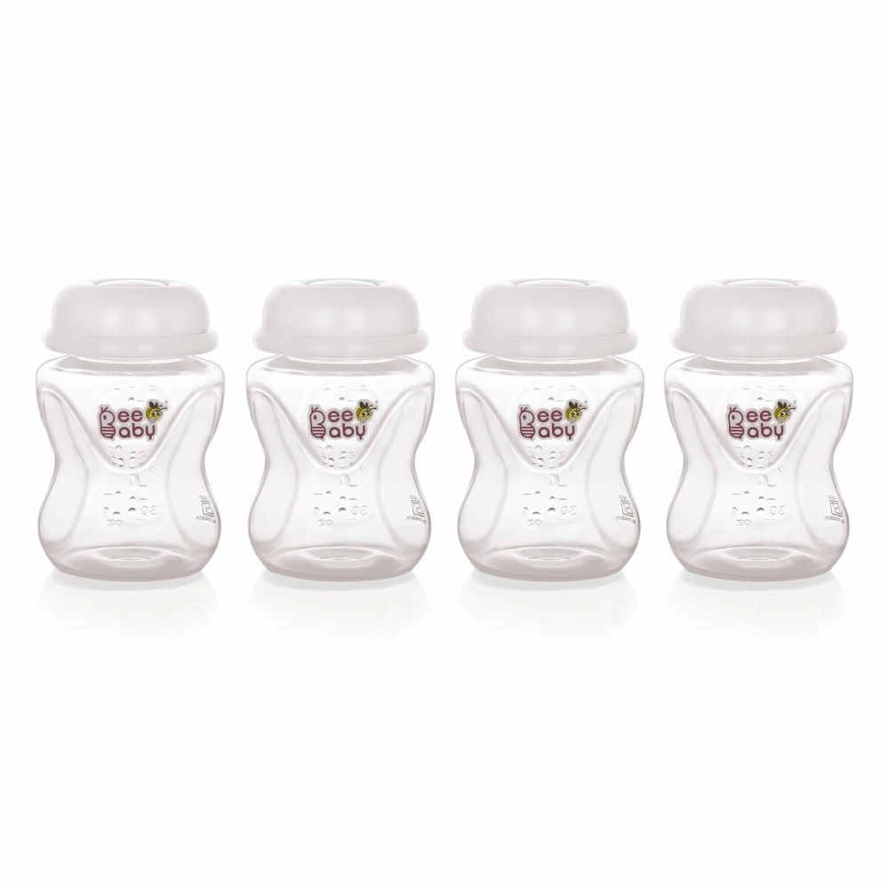 BeeBaby Pump N\' Protect Narrow Neck Breast Milk Storage Bottles. Pack of 4 Milk Collection Bottles fits Most Slim Neck Breast Pumps. 100% BPA Free. 120ML / 4oz. White
