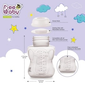 BeeBaby Pump N\' Protect Narrow Neck Breast Milk Storage Bottles. Pack of 4 Milk Collection Bottles fits Most Slim Neck Breast Pumps. 100% BPA Free. 120ML / 4oz. White