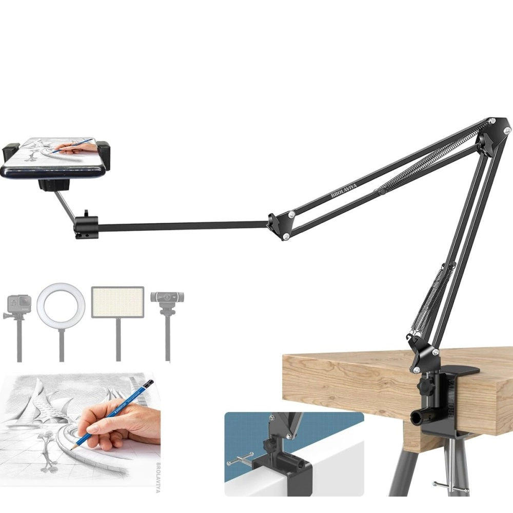 BROLAVIYA Overhead Video Mobile Stand, New Extra Long Arm, 1/4 Head 2 Way Base clamp, and Bracket for Mobile Phone, for, Overhead Video, Desktop,Bedroom, Office, Black