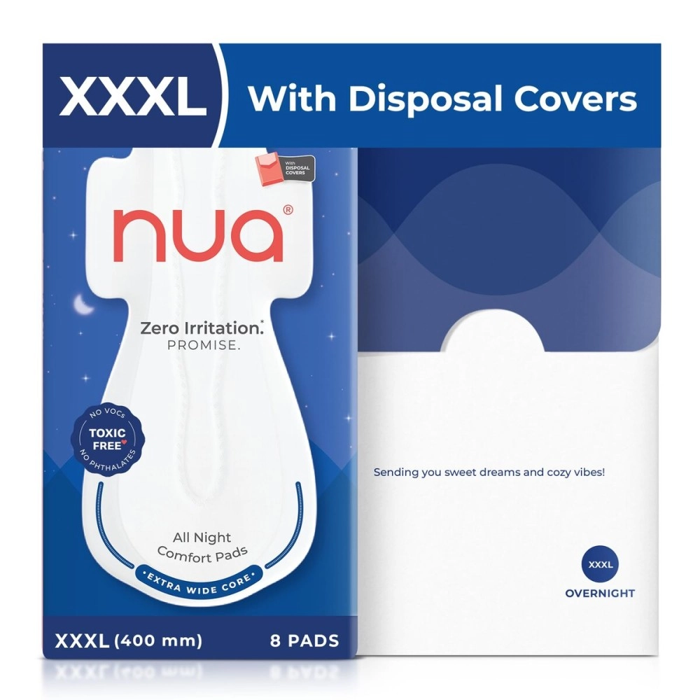 Nua All Night Comfort Sanitary Pads | Pack of 8 (XXXL 400mm) | Extra Wide Core | Front to Back Coverage | Upto 12 Hours of Absorption | Super Soft and Breathable | No Rashes | 100% Toxic-Free