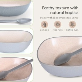 Eha Set of 2 Earth-Friendly Multipurpose Bowls for Kitchen with Spoons | 750 ml | Made with Rice Husk Biocomposite| Microwave Safe Bowl | for Hot & Cold Serving Bowl Set | Azure