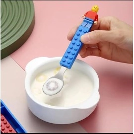 Ji and Ja Kids Stainless Steel Building Blocks Cutlery Set of 3 with Spoon and Fork, Interactive Lunch Set with Figures