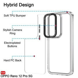 TheGiftKart Hybrid Shockproof Back Cover Case for Oppo Reno 12 Pro 5G | Stylish Camera Border | Electroplated Buttons | Crystal Clear Hard Back Cover for Reno 12 Pro (TPU & PC, Transparent Bumper)