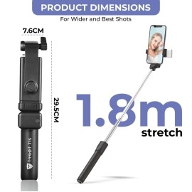Tygot T1S SnapStick with Tripod Stand, 3 in 1 Multifunctional Design, Rechargable LED Light with Two Brighness Levels for Make up, Selfie, Vlogging & Photo Shoot, Selfie Stick with Bluetooth Remote