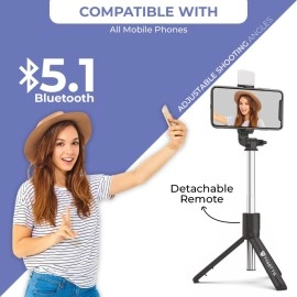 Tygot T1S SnapStick with Tripod Stand, 3 in 1 Multifunctional Design, Rechargable LED Light with Two Brighness Levels for Make up, Selfie, Vlogging & Photo Shoot, Selfie Stick with Bluetooth Remote