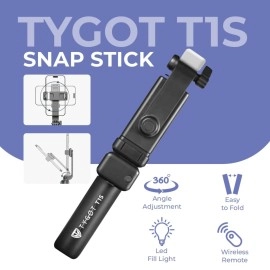 Tygot T1S SnapStick with Tripod Stand, 3 in 1 Multifunctional Design, Rechargable LED Light with Two Brighness Levels for Make up, Selfie, Vlogging & Photo Shoot, Selfie Stick with Bluetooth Remote