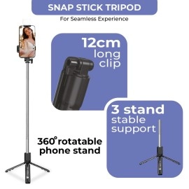 Tygot T1S SnapStick with Tripod Stand, 3 in 1 Multifunctional Design, Rechargable LED Light with Two Brighness Levels for Make up, Selfie, Vlogging & Photo Shoot, Selfie Stick with Bluetooth Remote