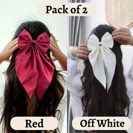 Chictresses 2 Pack Off White and Red - Hair Bows, Bow Clips for Women - Hair Clips, Luxury Satin Hair Bow Clips for Girls, Hair Clip - Cute Hair Accessories for Girls