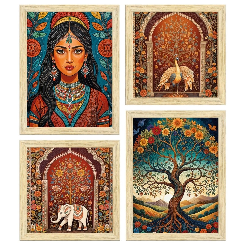 ArtX Paper Madhubani Paintings with Frame for Living Room, Traditional Indian Art Painting For Bedroom Office Room Decor, Multicolor, Natural Wood Color Frames, Set of 4