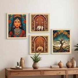 ArtX Paper Madhubani Paintings with Frame for Living Room, Traditional Indian Art Painting For Bedroom Office Room Decor, Multicolor, Natural Wood Color Frames, Set of 4