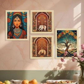 ArtX Paper Madhubani Paintings with Frame for Living Room, Traditional Indian Art Painting For Bedroom Office Room Decor, Multicolor, Natural Wood Color Frames, Set of 4