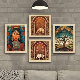 ArtX Paper Madhubani Paintings with Frame for Living Room, Traditional Indian Art Painting For Bedroom Office Room Decor, Multicolor, Natural Wood Color Frames, Set of 4