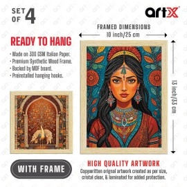 ArtX Paper Madhubani Paintings with Frame for Living Room, Traditional Indian Art Painting For Bedroom Office Room Decor, Multicolor, Natural Wood Color Frames, Set of 4