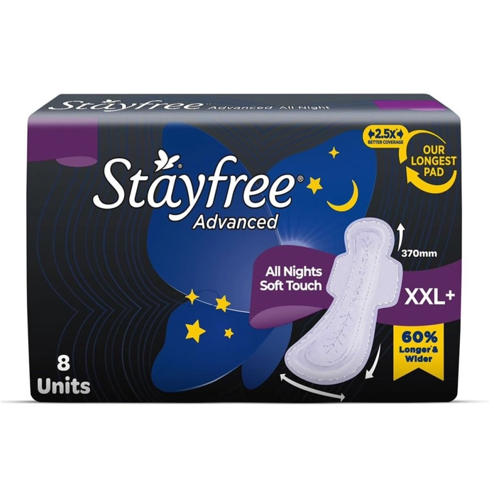Stayfree Advanced XXL+ | 8 Pads | All Night Ultra Comfort Sanitary Pads for Women | Odour Control | Absorbs 2x more with Wider Back | Helps Prevent Rashes | Ultra Thin Pads |