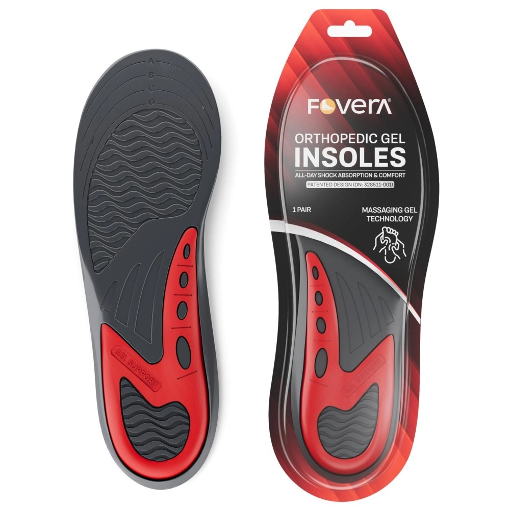 FOVERA Gel Insoles Pair for Walking, Running, Sports, Formal and Safety Shoes - All Day Comfort with Dual Gel Technology - Full Length Sole for Every Shoe (Male, Red, Pack of 1 Pair)