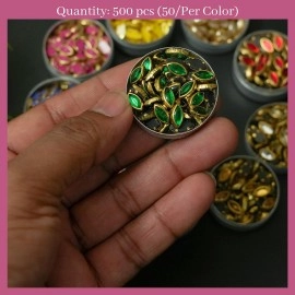 EmbroideryMaterial Glass & Resin Flat Glue On Kundan Stones Beads for Craft, Jewellery Making, Bangles Work, Maggam Work Material, Stones for Embroidery Work, Aari Work (500 Pieces, 50 Piece of Each)