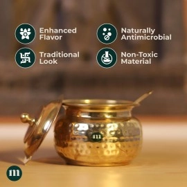 MARU Premium 300ml Hammered Design Brass Ghee Pot with Secure Lid & Spoon -Perfect for Ghee, Oils, and Kitchen Storage - Durable Ghee Container For Kitchen, Design for Stylish Kitchen and Ritual Use