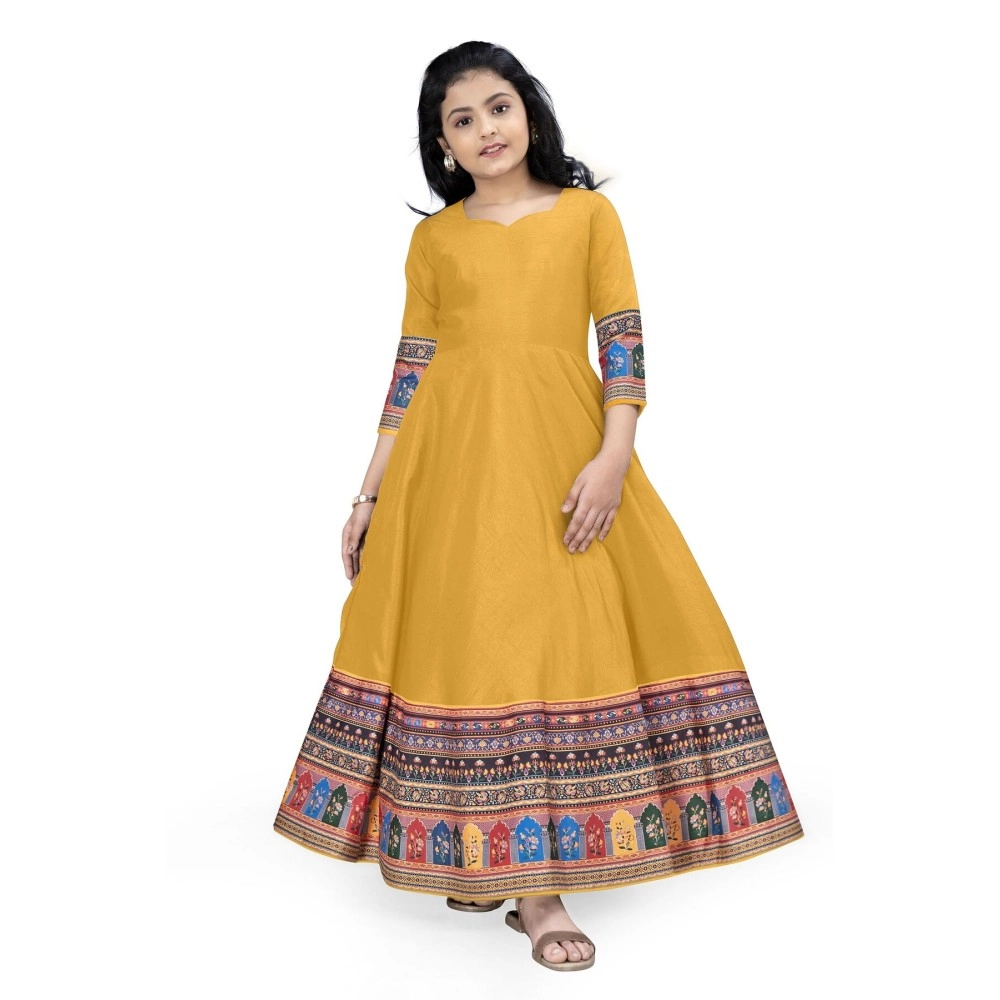 Fashion Dream Girls Crepe Silk Digital Printed Maxi Dress|Dresses for Girls|Fit and Flared Dress, Mustard Yellow, 7-8 Y