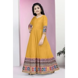 Fashion Dream Girls Crepe Silk Digital Printed Maxi Dress|Dresses for Girls|Fit and Flared Dress, Mustard Yellow, 7-8 Y