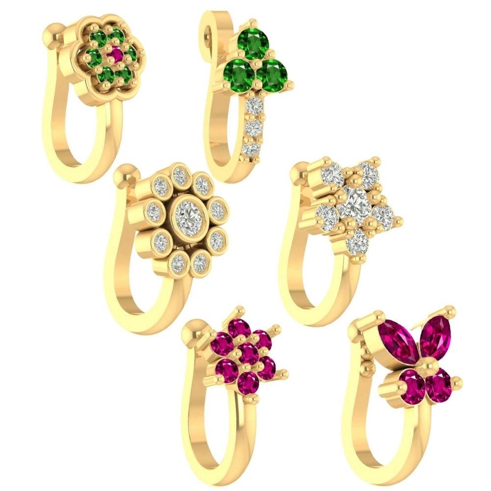 VAMA FASHIONS 6 Pcs 18K Gold Plated Anti Tarnish Clip on Nose pin without Hole Non Piercing Pressing Type Nose ring Stud for Women & Girls