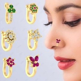 VAMA FASHIONS 6 Pcs 18K Gold Plated Anti Tarnish Clip on Nose pin without Hole Non Piercing Pressing Type Nose ring Stud for Women & Girls