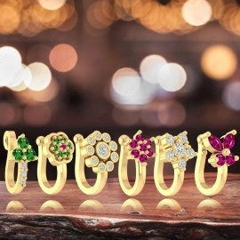 VAMA FASHIONS 6 Pcs 18K Gold Plated Anti Tarnish Clip on Nose pin without Hole Non Piercing Pressing Type Nose ring Stud for Women & Girls