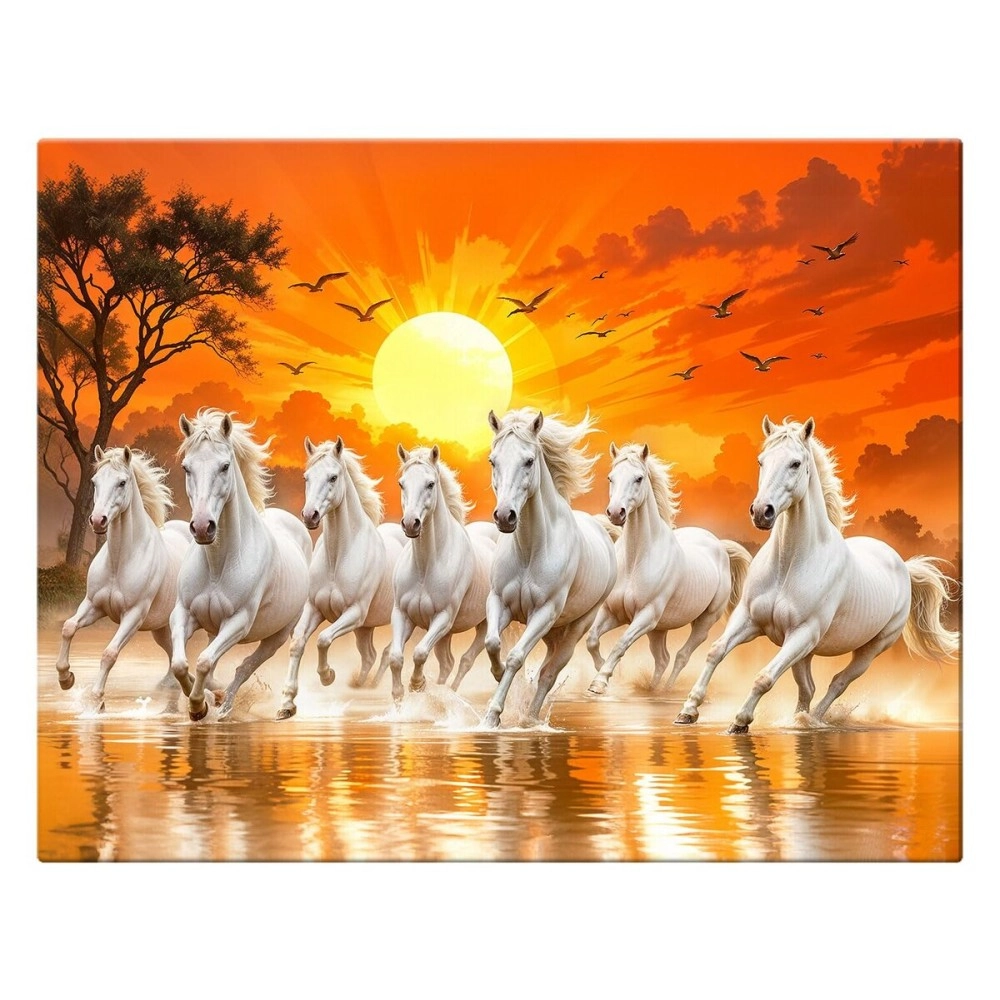 ArtX Canvas Big Size 7 Horses Vastu Frame Wall Art Painting, White Running Horses On Water Painting Vastu Rising Sun Wall Decor, Multicolor, Nature, 58.0 X 45.0 cm, Set of 1