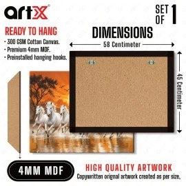 ArtX Canvas Big Size 7 Horses Vastu Frame Wall Art Painting, White Running Horses On Water Painting Vastu Rising Sun Wall Decor, Multicolor, Nature, 58.0 X 45.0 cm, Set of 1