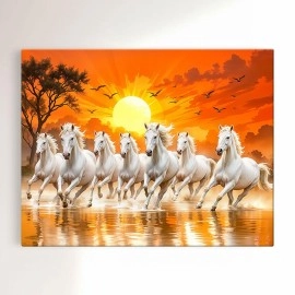 ArtX Canvas Big Size 7 Horses Vastu Frame Wall Art Painting, White Running Horses On Water Painting Vastu Rising Sun Wall Decor, Multicolor, Nature, 58.0 X 45.0 cm, Set of 1