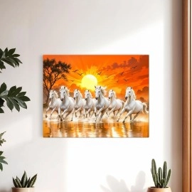 ArtX Canvas Big Size 7 Horses Vastu Frame Wall Art Painting, White Running Horses On Water Painting Vastu Rising Sun Wall Decor, Multicolor, Nature, 58.0 X 45.0 cm, Set of 1