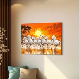ArtX Canvas Big Size 7 Horses Vastu Frame Wall Art Painting, White Running Horses On Water Painting Vastu Rising Sun Wall Decor, Multicolor, Nature, 58.0 X 45.0 cm, Set of 1