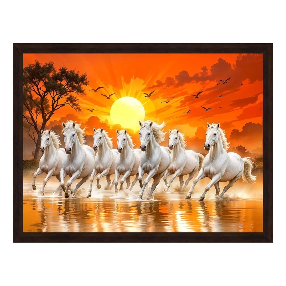 ArtX Paper 7 Horses Vastu Frame Wall Art Painting, White Running Horses On Water Painting Vastu Rising Sun Wall Decor, Multicolor, Nature, 13.0 X 10.0 inch, Set of 1