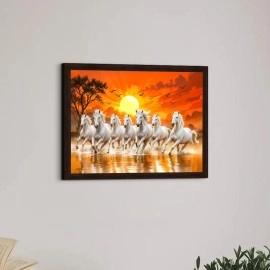 ArtX Paper 7 Horses Vastu Frame Wall Art Painting, White Running Horses On Water Painting Vastu Rising Sun Wall Decor, Multicolor, Nature, 13.0 X 10.0 inch, Set of 1
