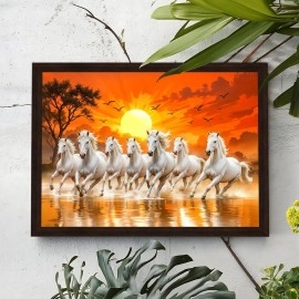 ArtX Paper 7 Horses Vastu Frame Wall Art Painting, White Running Horses On Water Painting Vastu Rising Sun Wall Decor, Multicolor, Nature, 13.0 X 10.0 inch, Set of 1