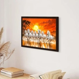 ArtX Paper 7 Horses Vastu Frame Wall Art Painting, White Running Horses On Water Painting Vastu Rising Sun Wall Decor, Multicolor, Nature, 13.0 X 10.0 inch, Set of 1