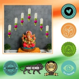 Divyakosh Lotus Hanging 8Pcs - Small 10 Inch | Floral Wall Hangings, Temple Decoration, Backdrop for Pooja Room | Diwali Decor | Offwhite Fabric