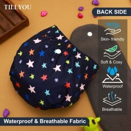 Novo Baby Tillyou Leakage Proof Reusable Cloth Diaper With 5 Layer High absorbent Pad | Reusable Nappies| Freesize for Kids 0-3 Yrs | washable diapers (Star)