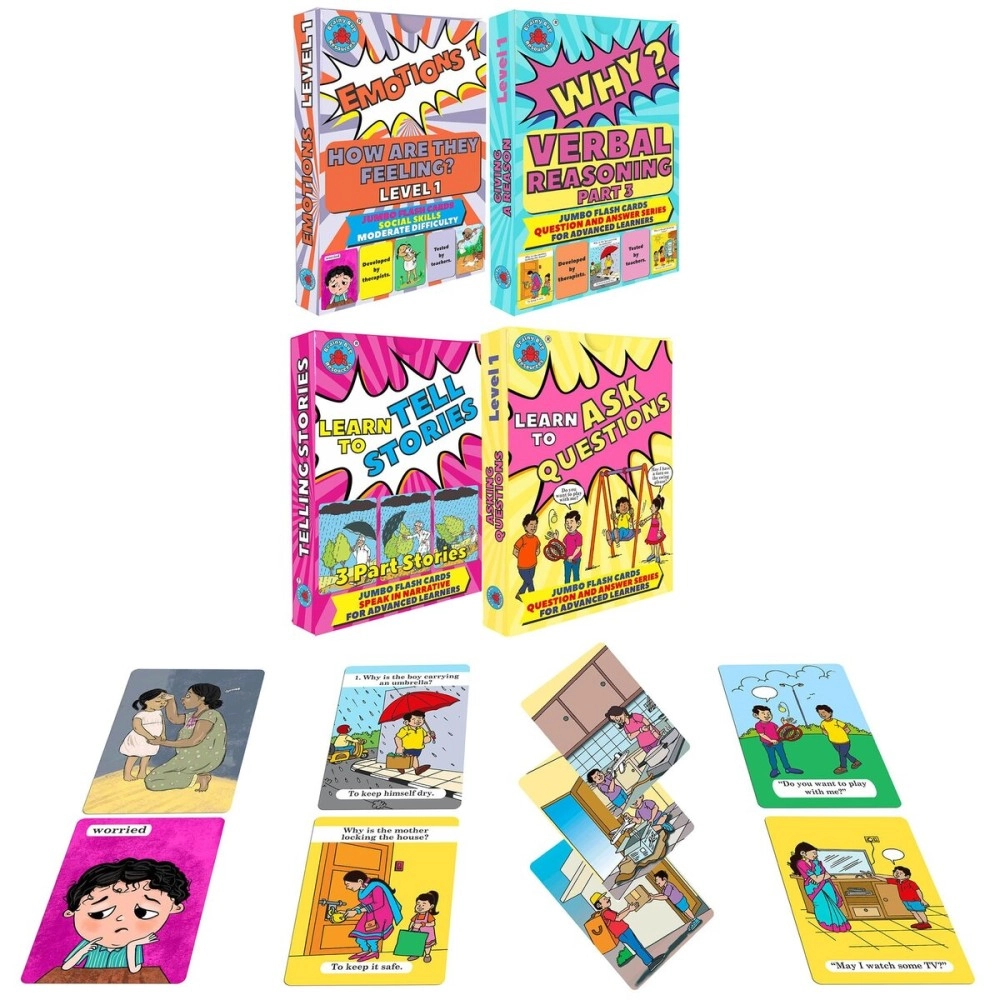 Social Skils, Verbal Reasoning, Narrative Skills | 4 Decks to Teach - Emotions, Level 1, Answer \'Why\' Questions, Ask Questions, Story Sequencing | Speak English