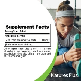 NaturesPlus PABA, Sustained Release (para-Aminobenzoic Acid) - 1000 mg, 60 Vegetarian Tablets - Skin Health Support Supplement, Promotes Energy Production - Gluten-Free - 60 Servings
