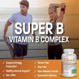 Bronson Vitamin B Complex Sustained Slow Release (Vitamin B1, B2, B3, B6, B9 - Folic Acid, B12) Super B Contains All B Vitamins, Non-GMO, 100 Tablets