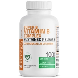Bronson Vitamin B Complex Sustained Slow Release (Vitamin B1, B2, B3, B6, B9 - Folic Acid, B12) Super B Contains All B Vitamins, Non-GMO, 100 Tablets