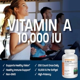 Bronson Vitamin A 10,000 IU Premium Non-GMO Formula, 250 Softgels