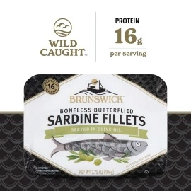 Brunswick Sardines in Olive Oil, 3.75 oz Can - Wild Caught Sardines - 17g Protein per Serving - Gluten Free, Keto Friendly - Great for Pasta & Seafood Recipes