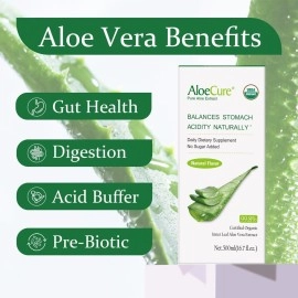 AloeCure USDA Organic Aloe Vera Juice Made Within 12 Hrs of Harvest - Pure Aloe Juice Natural Digestive Supplement to Support Digestion, Immune System and Balanced Stomach Acidity, 4 x 500ml Bottles