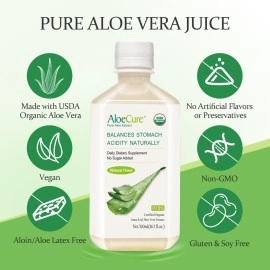 AloeCure USDA Organic Aloe Vera Juice Made Within 12 Hrs of Harvest - Pure Aloe Juice Natural Digestive Supplement to Support Digestion, Immune System and Balanced Stomach Acidity, 4 x 500ml Bottles