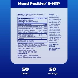 Natrol Mood Positive 5-HTP 50mg With L-Theanine, Vitamin B6, Vitamin B12 and Folate, Dietary Supplement Helps Support a Positive Mood, 50 Tablets, 25-50 Day Supply