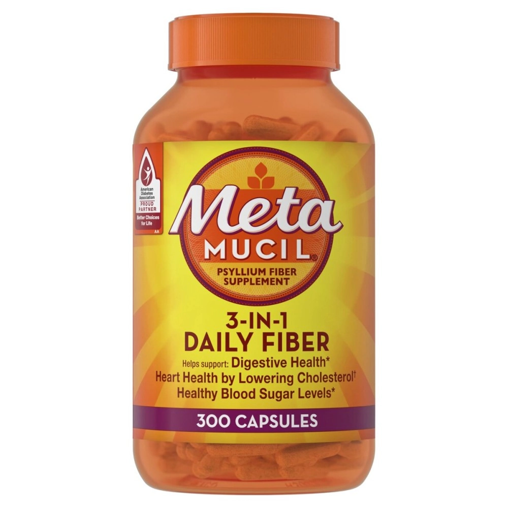 Metamucil, Daily Psyllium Husk Powder Supplement, 3-in-1 Fiber for Digestive Health, Plant Based Fiber, 300ct Capsules