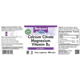 Bluebonnet Nutrition Calcium Citrate Magnesium Plus Vitamin D3 Caplets, Bone Health & Muscle Relaxation, Non GMO, Gluten, Soy & Milk Free, Kosher, White, 90 Count